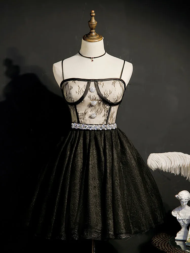 A-line Spaghetti Straps Unique Black Short Prom Dress Juniors Homecoming Dresses kts017