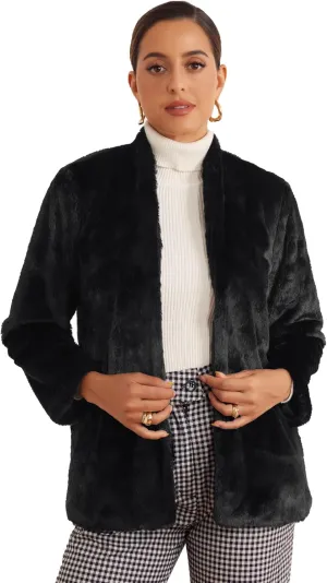 Allegra K Faux Fur Coat for Women's with Pockets Long Sleeve Open Front Fluffy Jackets