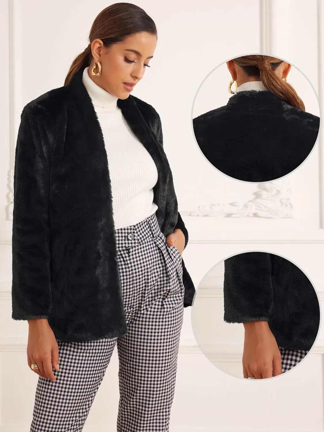 Allegra K Faux Fur Coat for Women's with Pockets Long Sleeve Open Front Fluffy Jackets