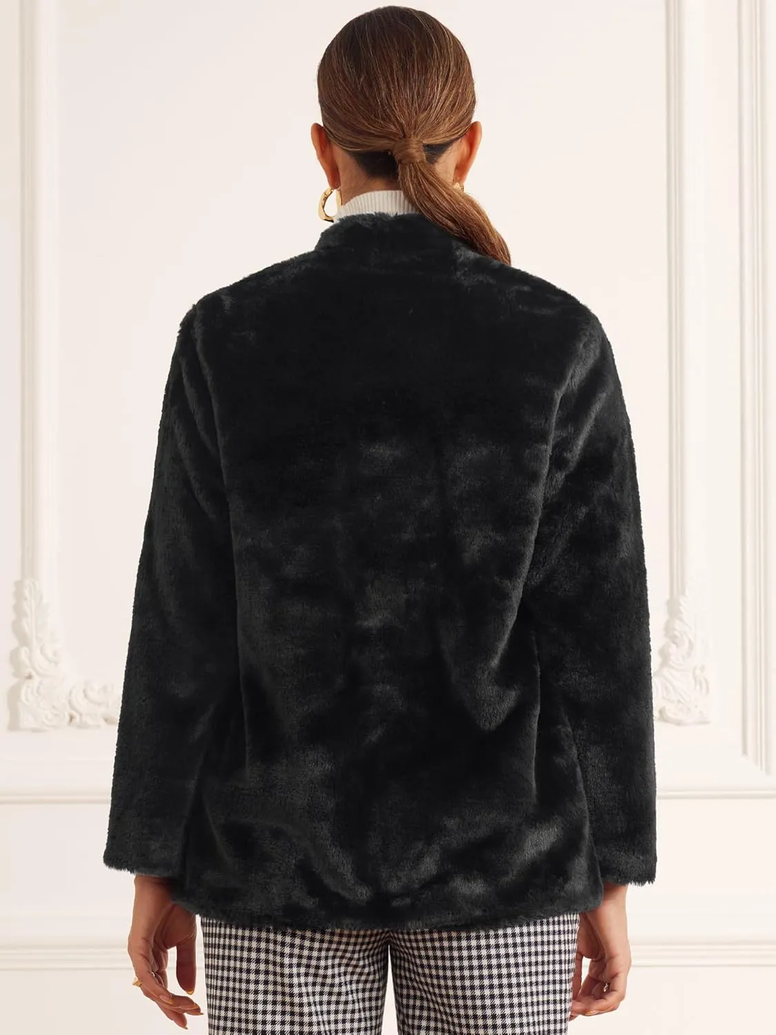 Allegra K Faux Fur Coat for Women's with Pockets Long Sleeve Open Front Fluffy Jackets