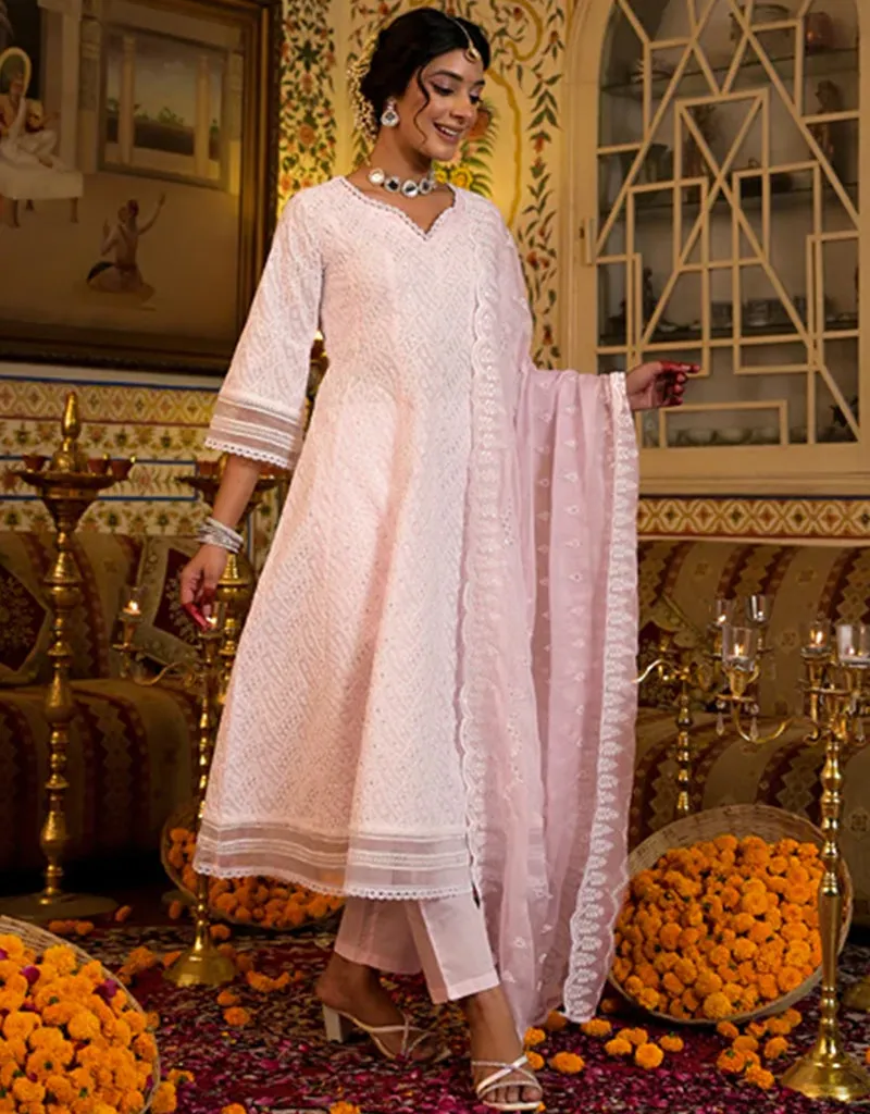 Anarkali Kurta Trouser With Dupatta Set Baby Pink Pure Cotton Pant Anarkali