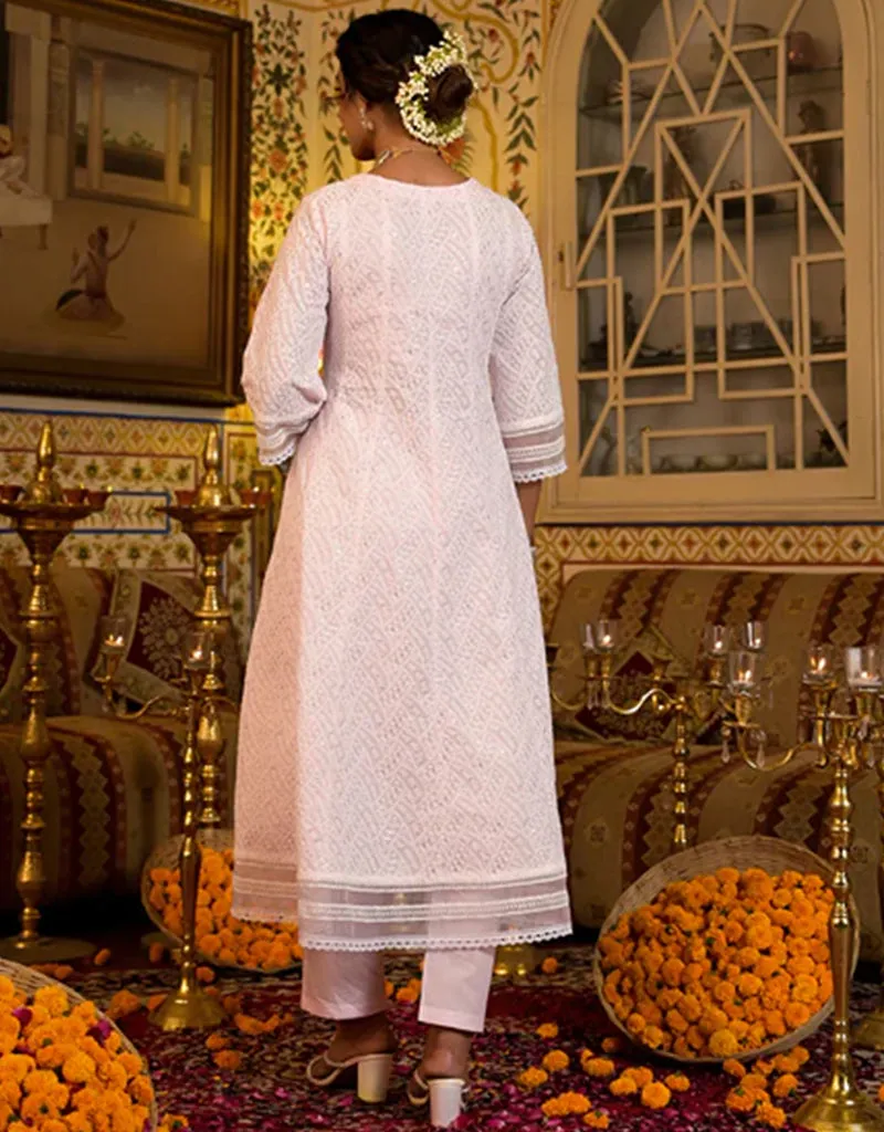 Anarkali Kurta Trouser With Dupatta Set Baby Pink Pure Cotton Pant Anarkali