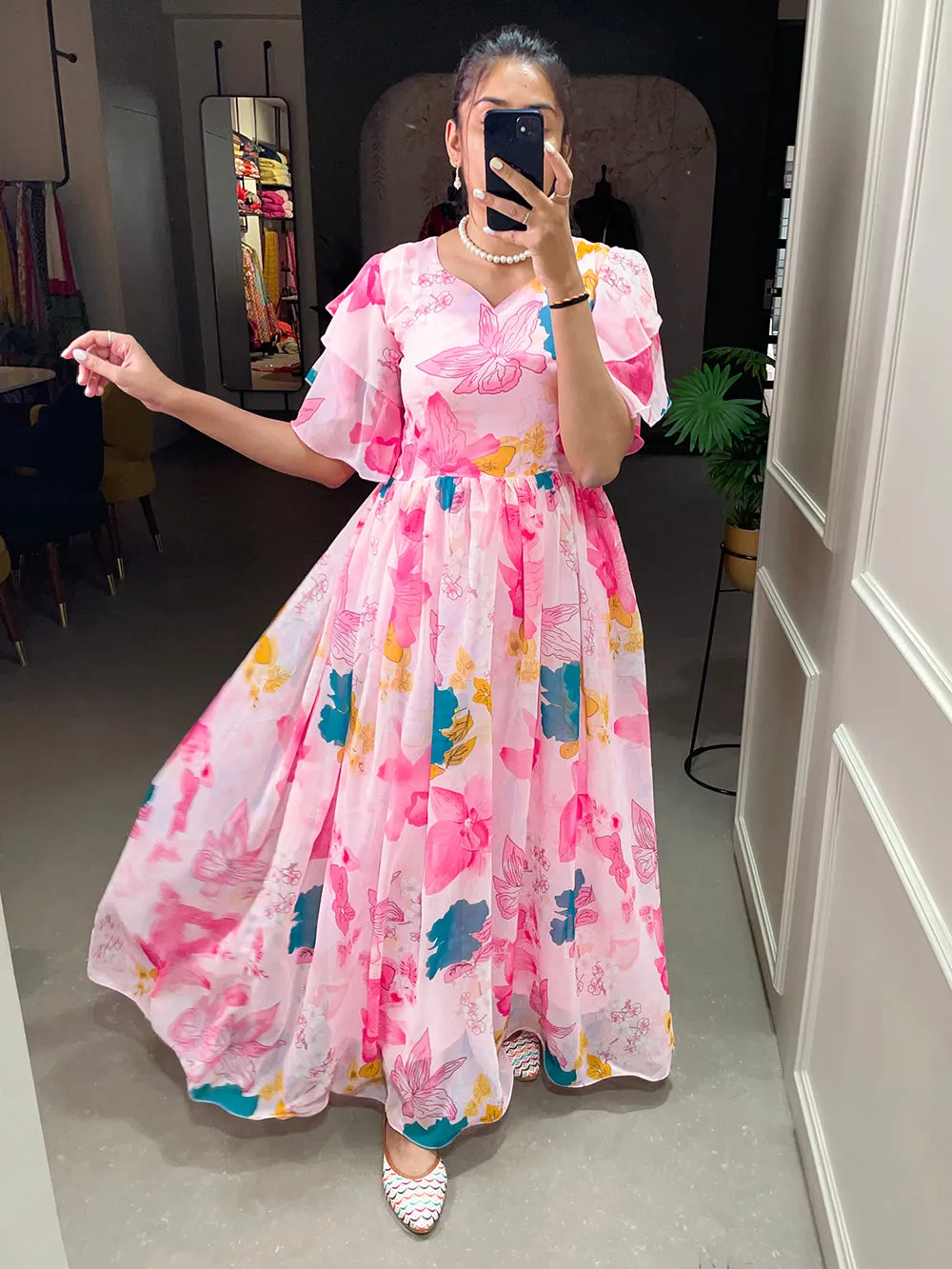 Baby Pink Color Floral Printed Georgette Gown