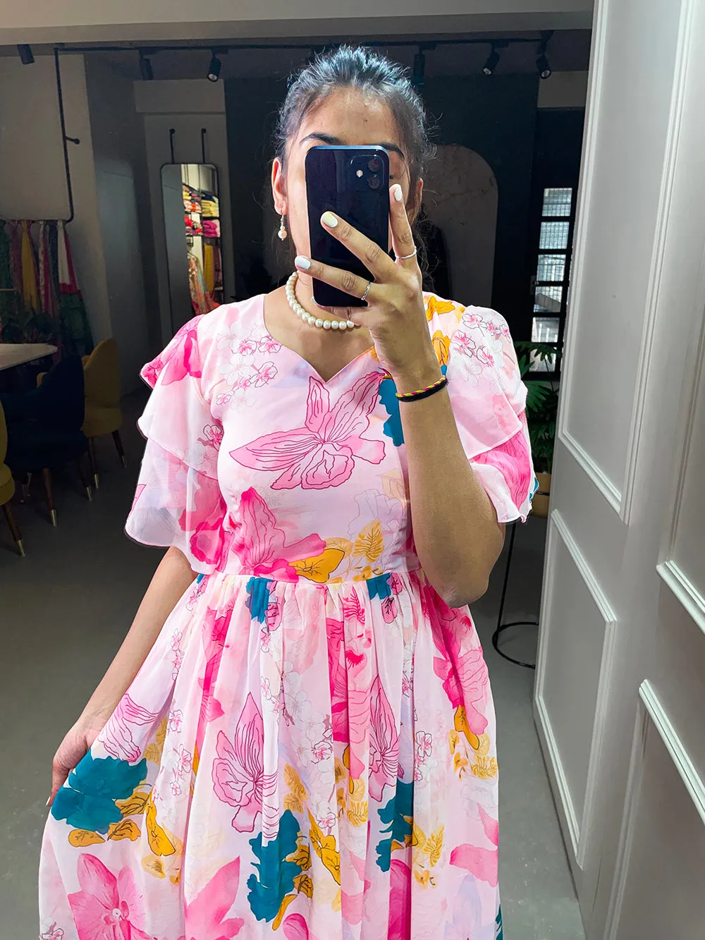 Baby Pink Color Floral Printed Georgette Gown