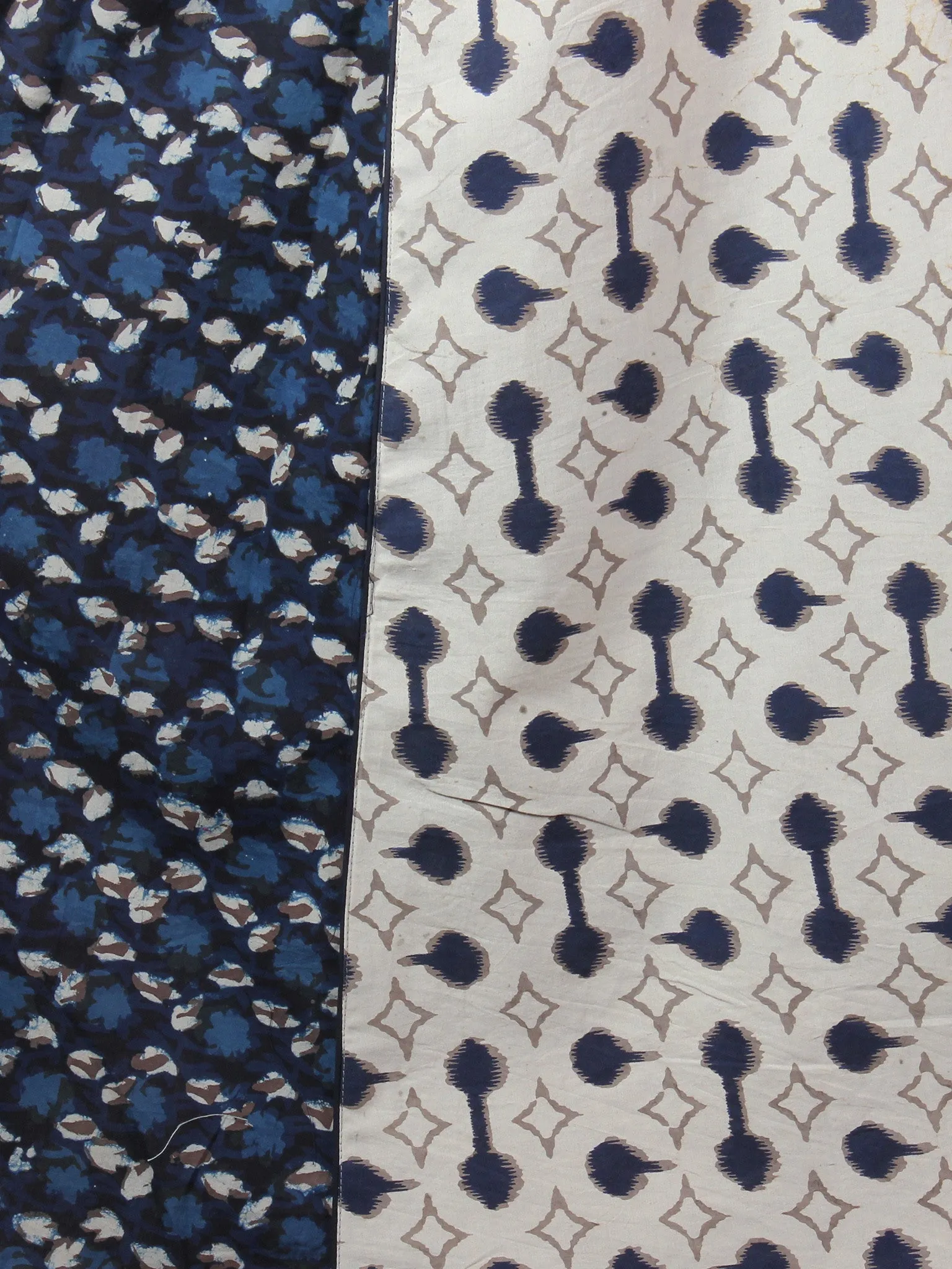 Beige Indigo Ivory Hand Block Printed Cotton Long Multi Panel Dress With Mandarin Collar & Piping All Over - D1539101