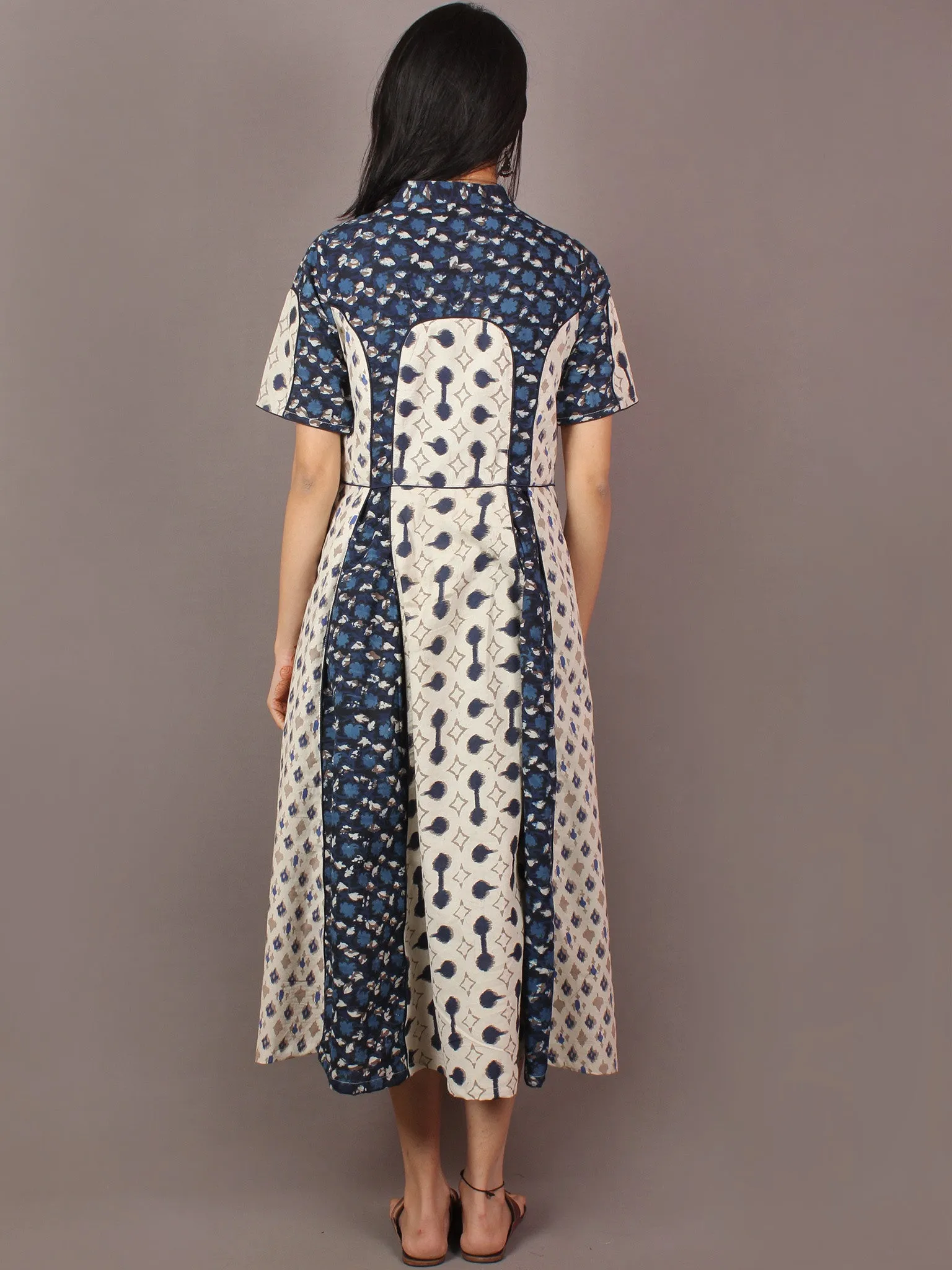 Beige Indigo Ivory Hand Block Printed Cotton Long Multi Panel Dress With Mandarin Collar & Piping All Over - D1539101