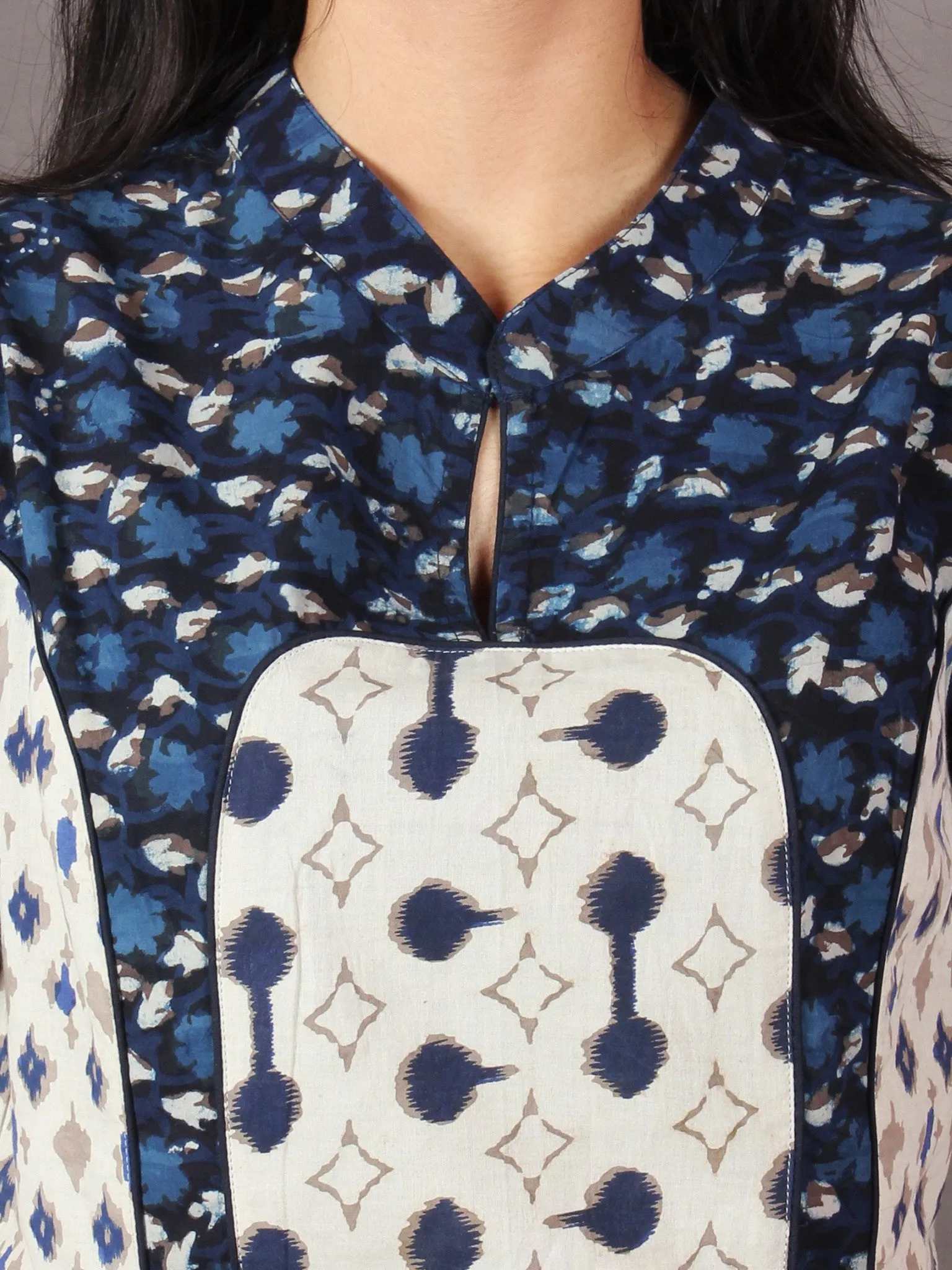 Beige Indigo Ivory Hand Block Printed Cotton Long Multi Panel Dress With Mandarin Collar & Piping All Over - D1539101