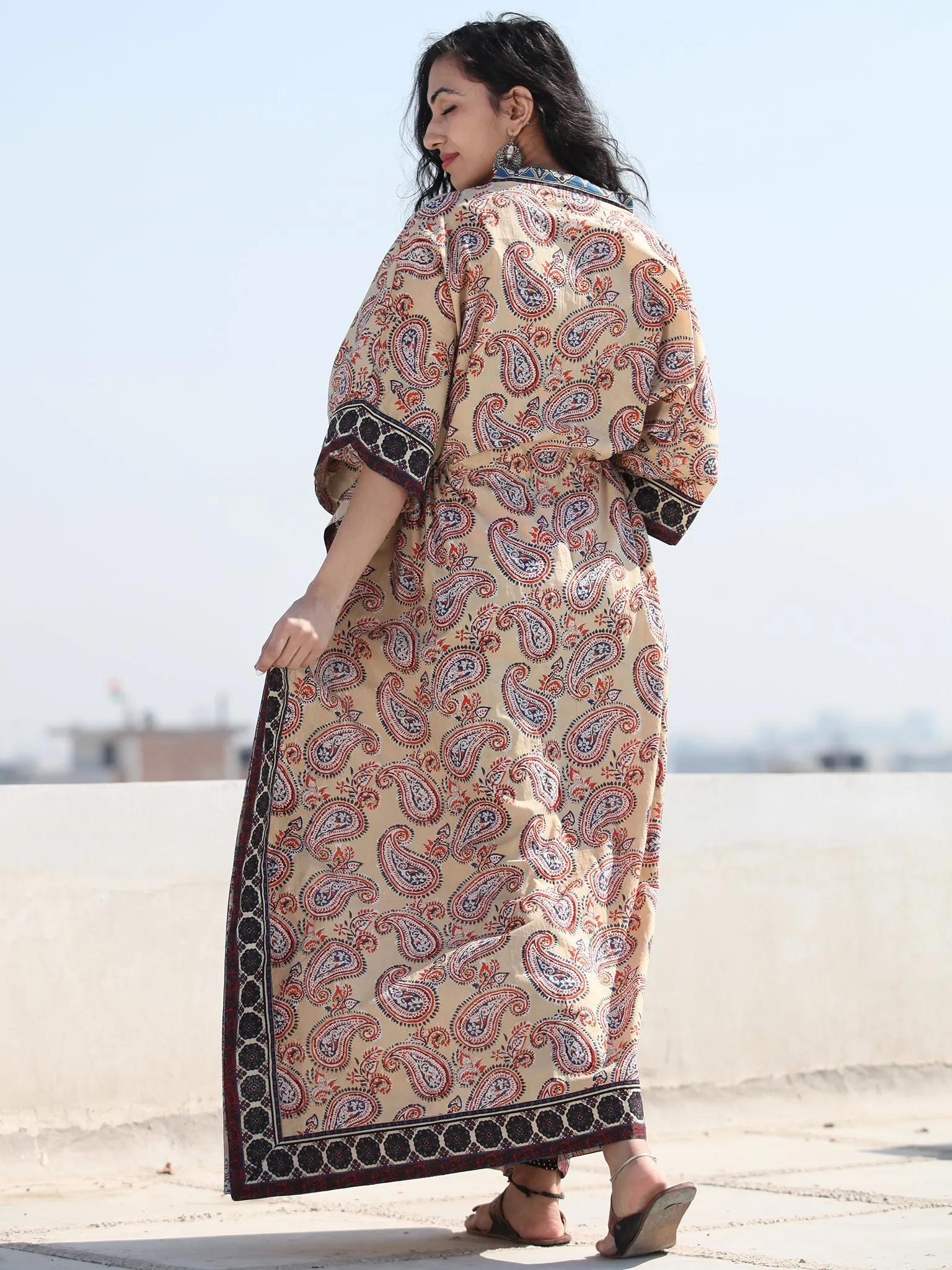 Beige Indigo Red Hand Block Printed Kaftan - K122F1885