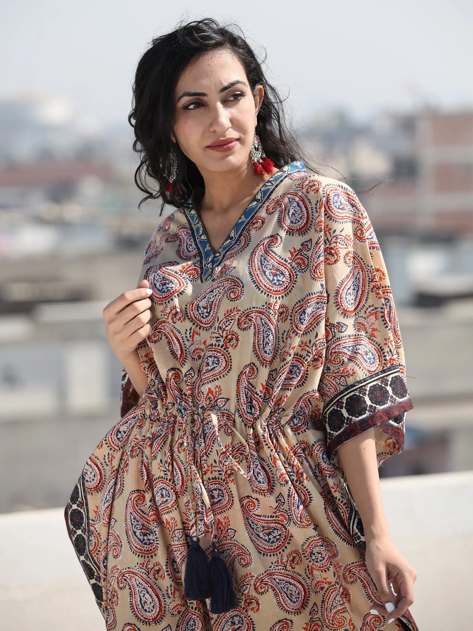 Beige Indigo Red Hand Block Printed Kaftan - K122F1885