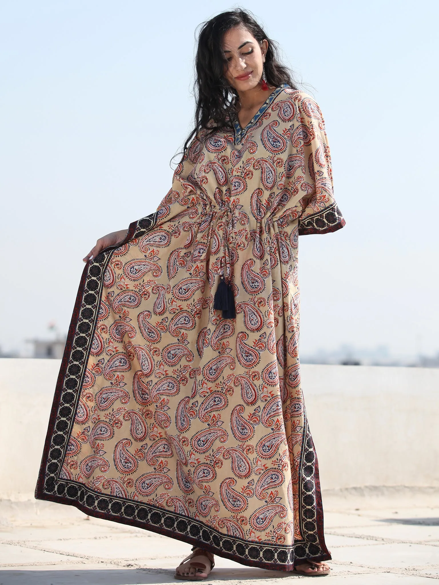 Beige Indigo Red Hand Block Printed Kaftan - K122F1885