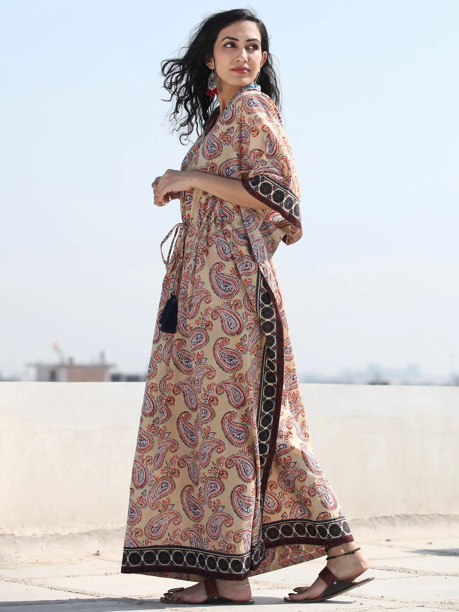 Beige Indigo Red Hand Block Printed Kaftan - K122F1885