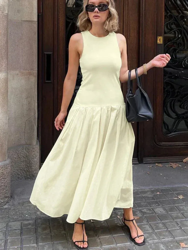 Black Friday Joskaa Elegant Sleeveless Vest Dress Folds Patchwork Casual Long Dress For Women Party Club High Waist Clothes Female Slim Fit