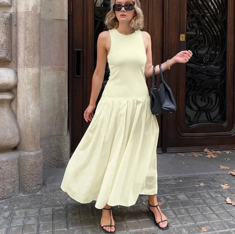 Black Friday Joskaa Elegant Sleeveless Vest Dress Folds Patchwork Casual Long Dress For Women Party Club High Waist Clothes Female Slim Fit