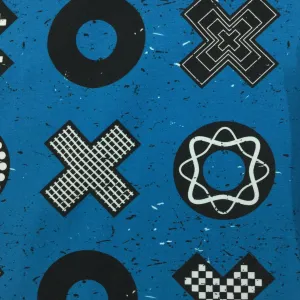 Black X's and O's on Blue Organic Cotton/Spandex Jersey Fabric