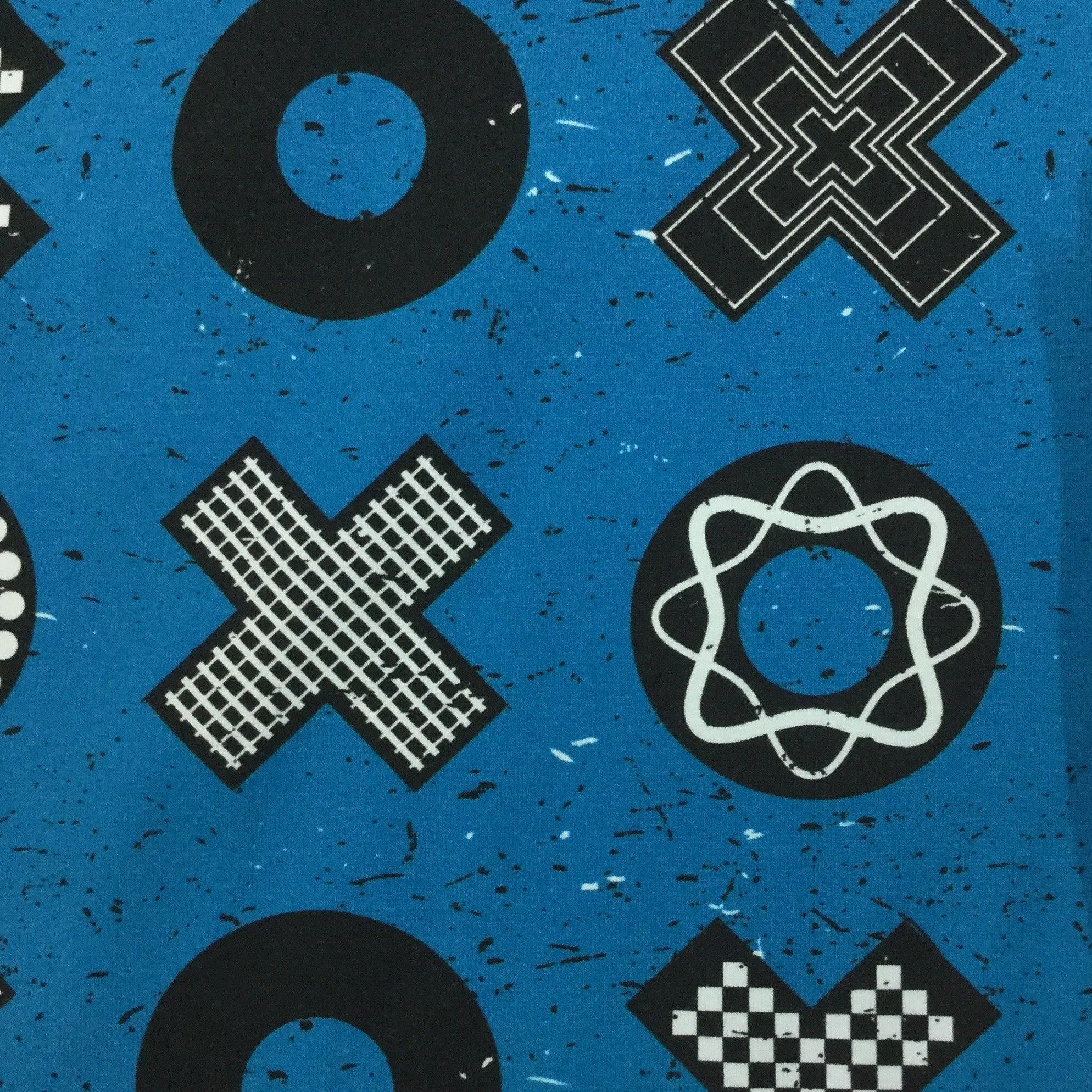 Black X's and O's on Blue Organic Cotton/Spandex Jersey Fabric