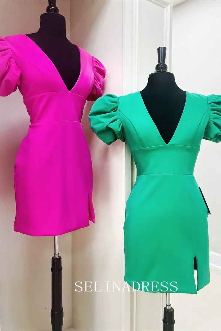 Blue Deep V neck Short Homecoming Dresses Puff Sleeve Hoco Dress #TKL1906