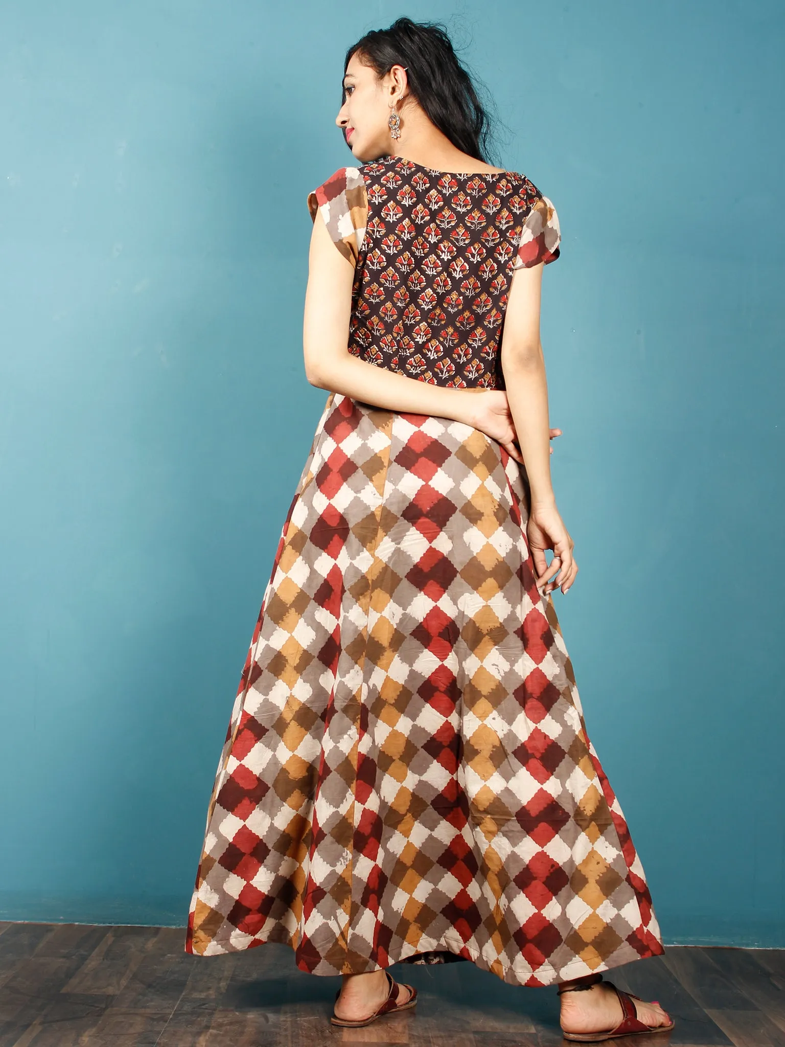 Brown Maroon Mustard Beige Hand Block Printed Long Cotton Panel Dress With Petal Sleeves  - D224F1323