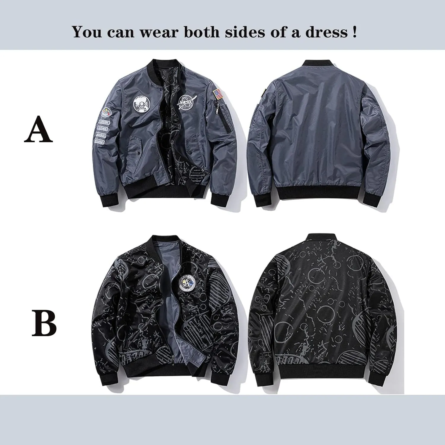 BXCNCKD Men's Flight Jacket - Double Sided Wear Plus Coat - Casual Jacket