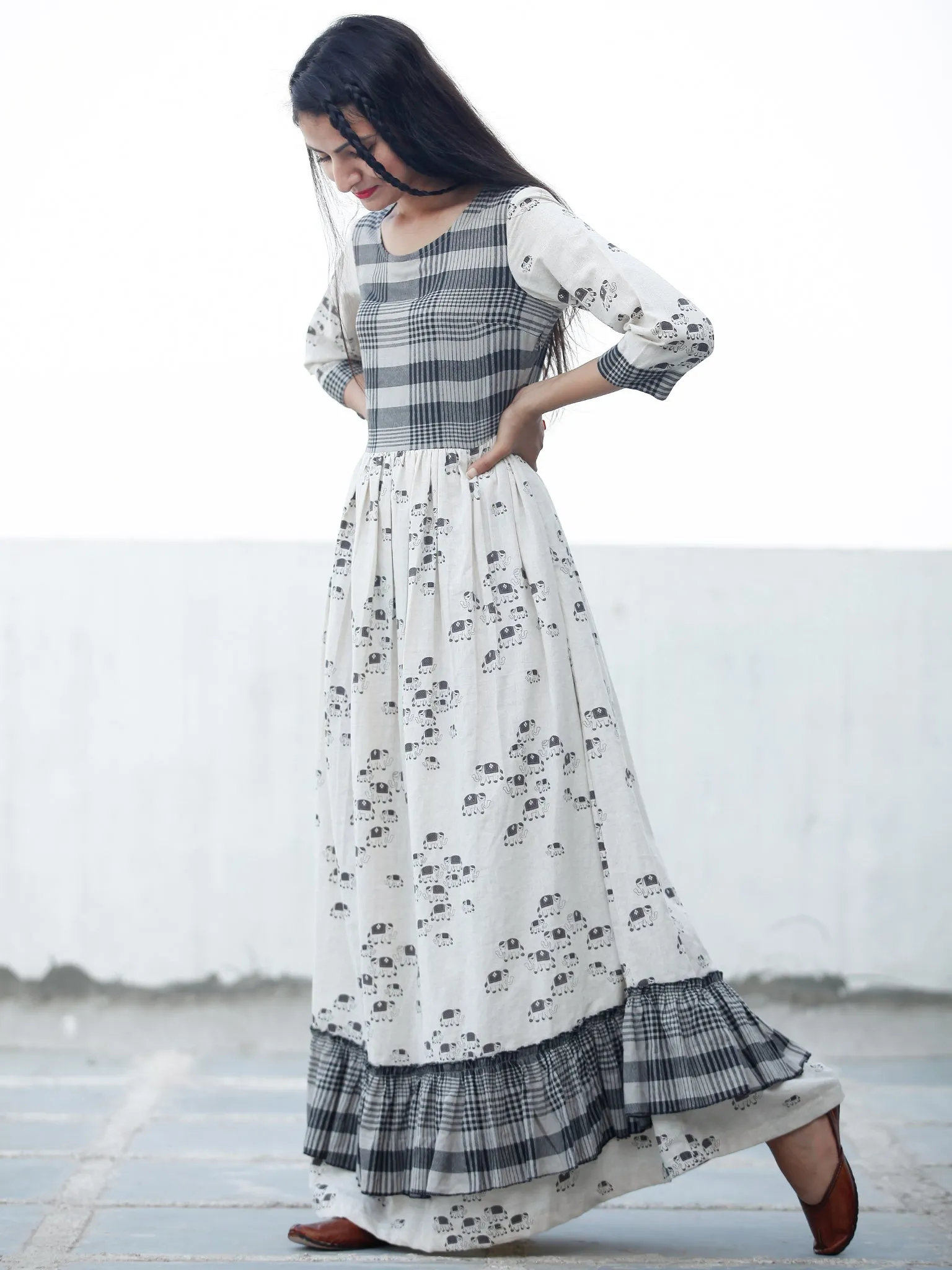 Casual Checks  - Block Printed Long Cotton Dress  - D353F1891