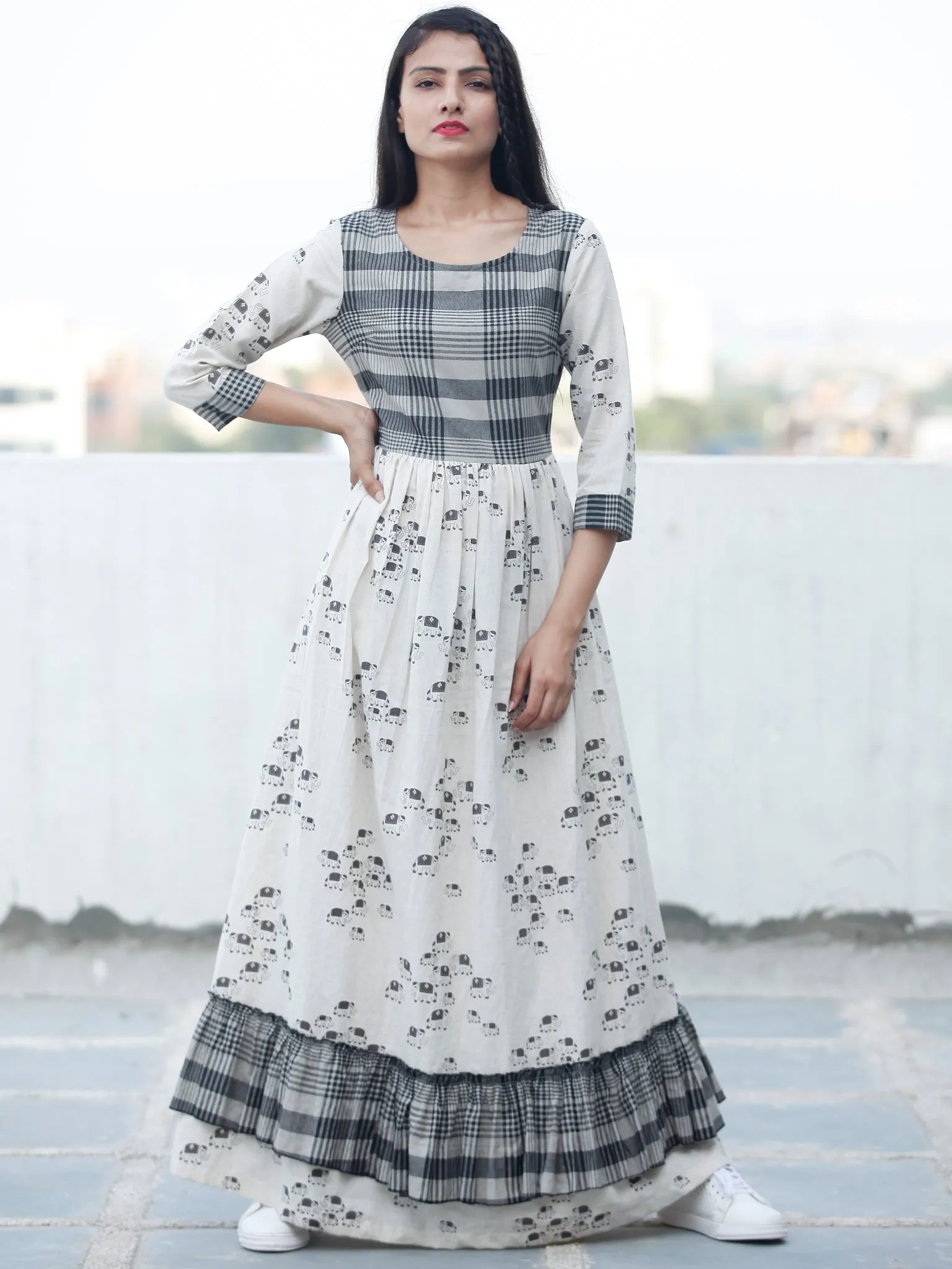 Casual Checks  - Block Printed Long Cotton Dress  - D353F1891