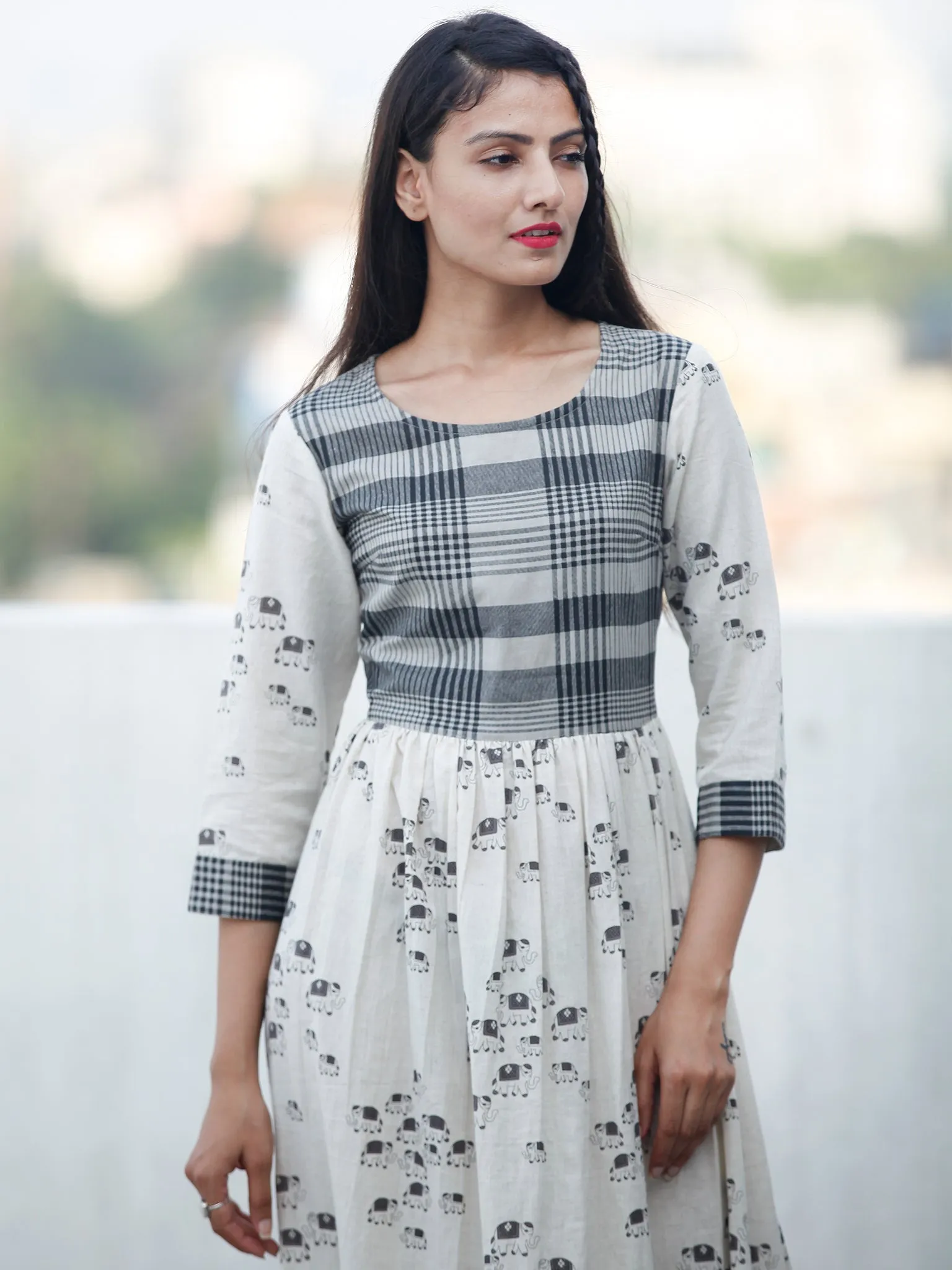Casual Checks  - Block Printed Long Cotton Dress  - D353F1891