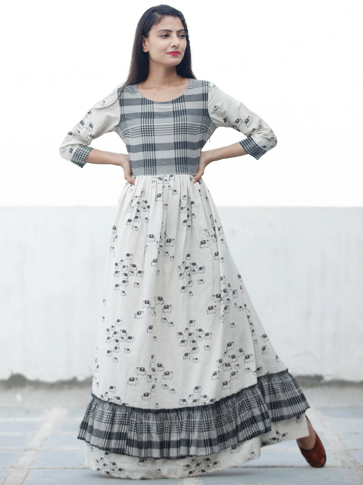 Casual Checks  - Block Printed Long Cotton Dress  - D353F1891