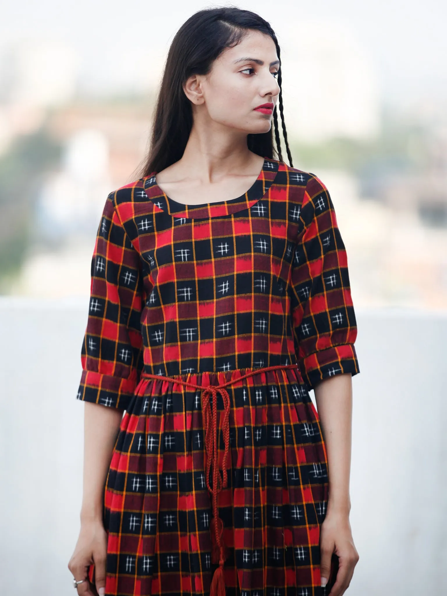 CHECK BOARD - Handwoven Double Ikat  Dress With Tassels - D332F822