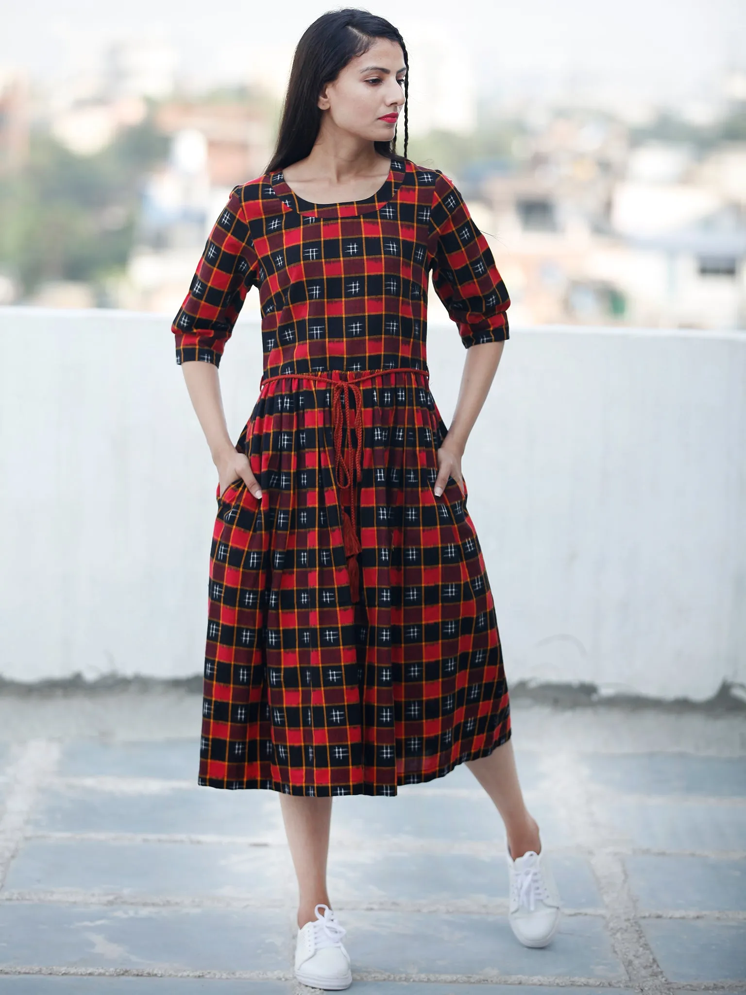 CHECK BOARD - Handwoven Double Ikat  Dress With Tassels - D332F822