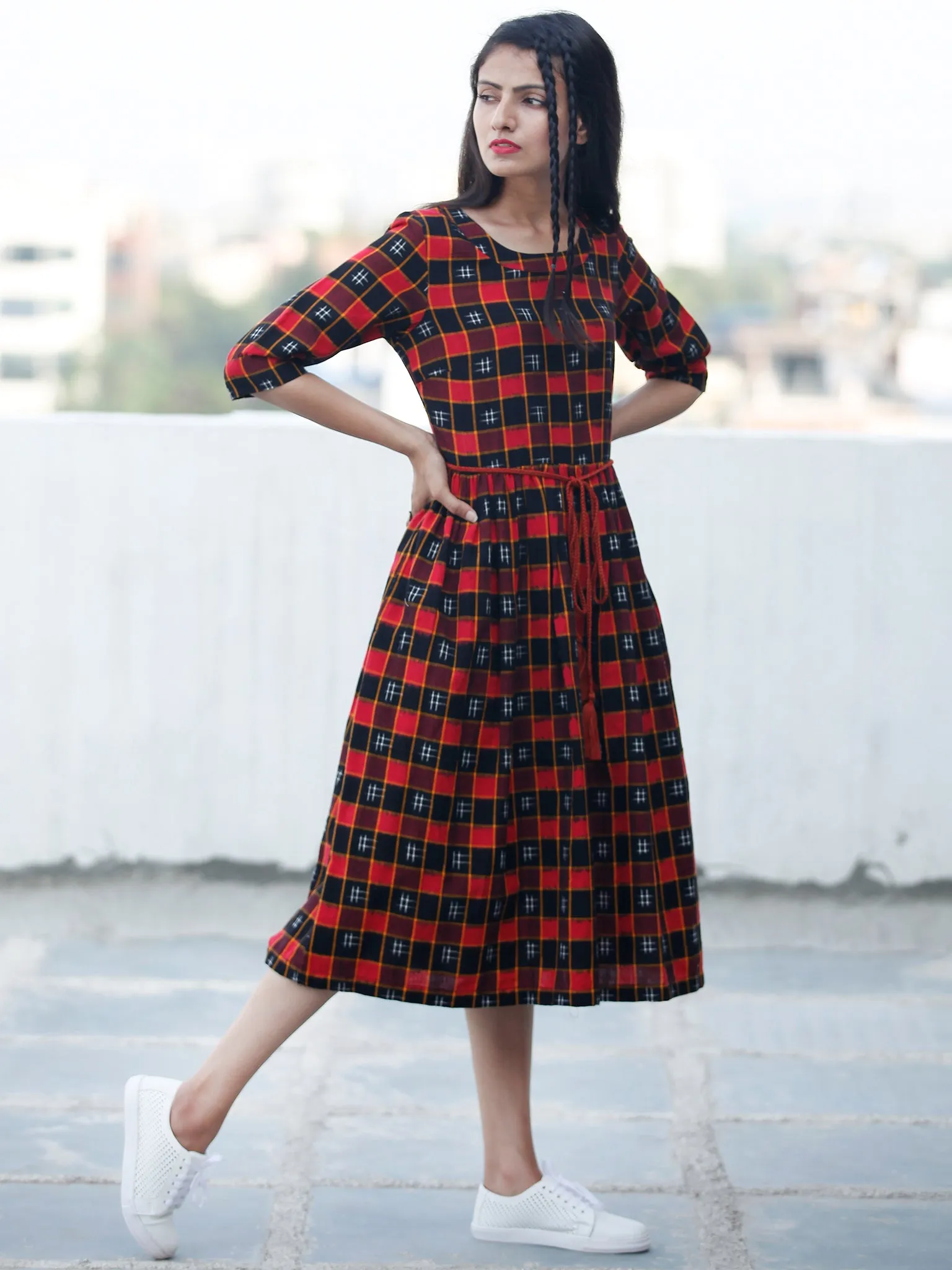 CHECK BOARD - Handwoven Double Ikat  Dress With Tassels - D332F822