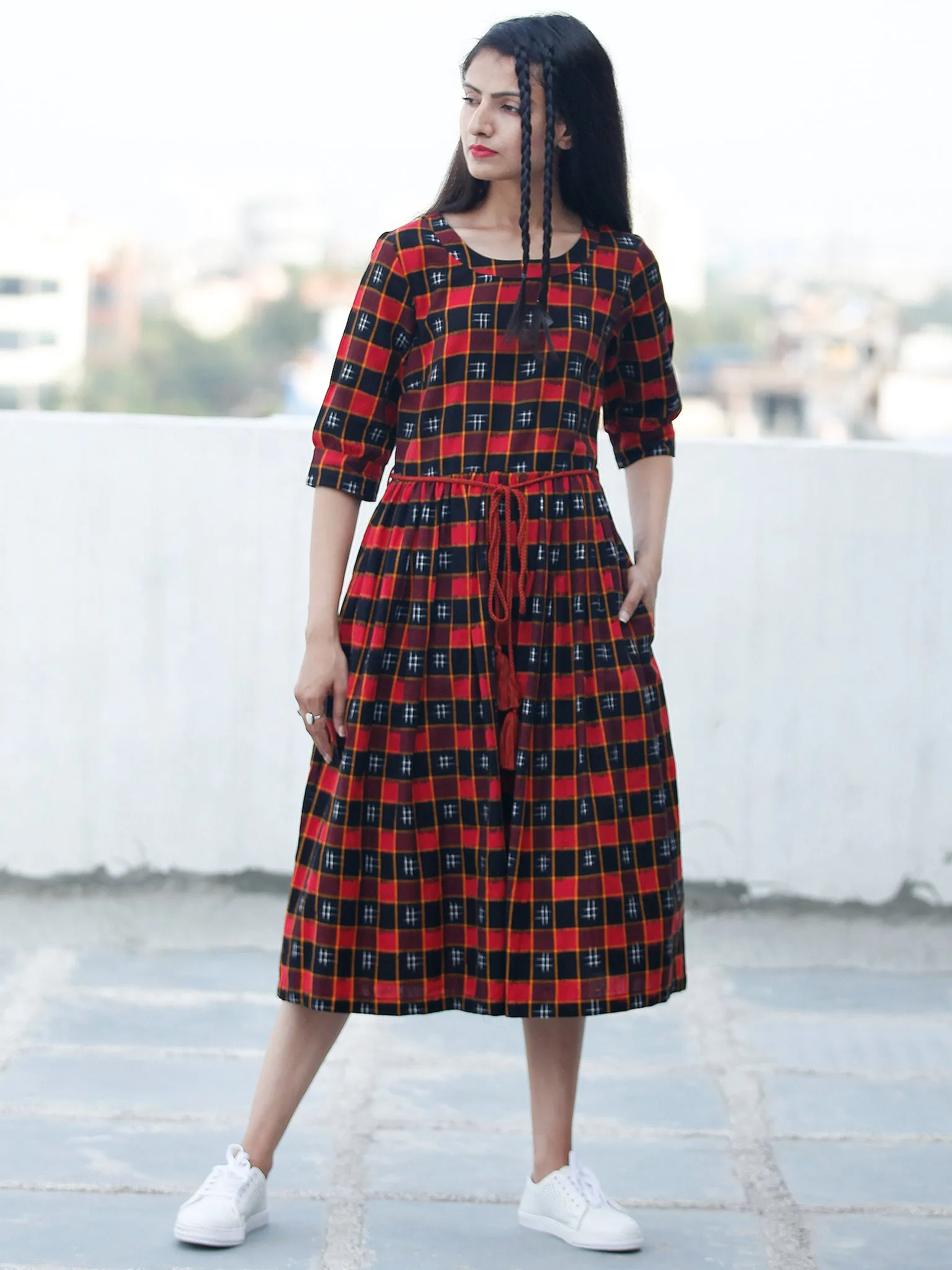 CHECK BOARD - Handwoven Double Ikat  Dress With Tassels - D332F822