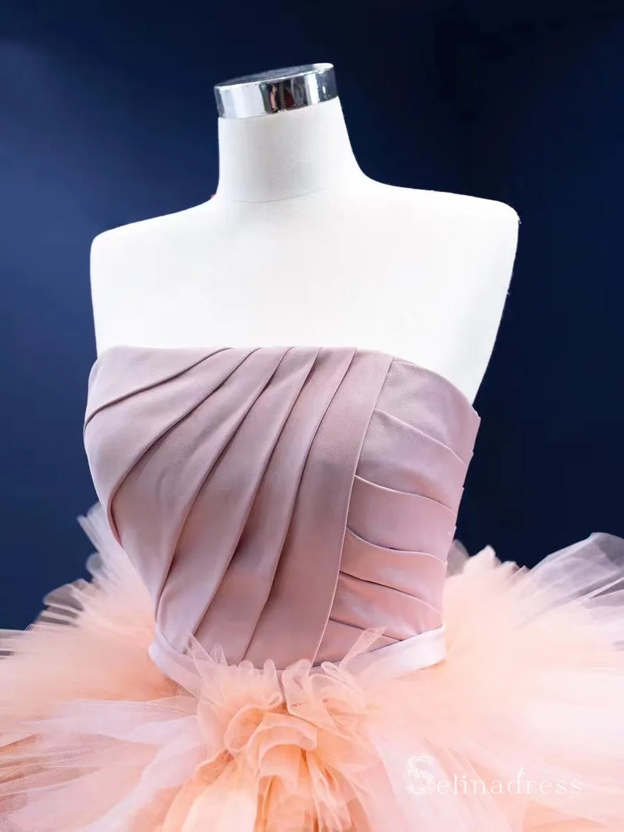 Chic Ball Gown Strapless luxury Long Prom Dress Pink Princess Evening Gowns MLS001