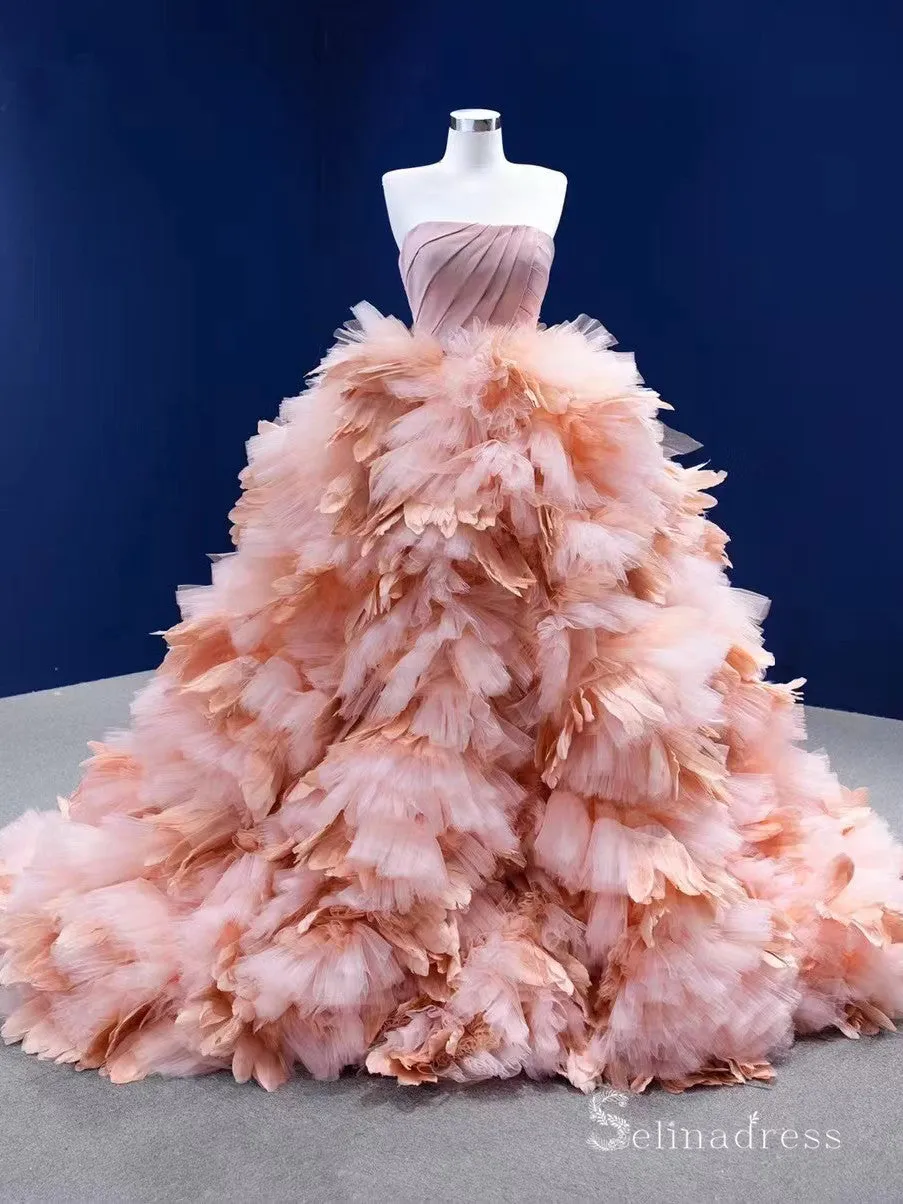 Chic Ball Gown Strapless luxury Long Prom Dress Pink Princess Evening Gowns MLS001