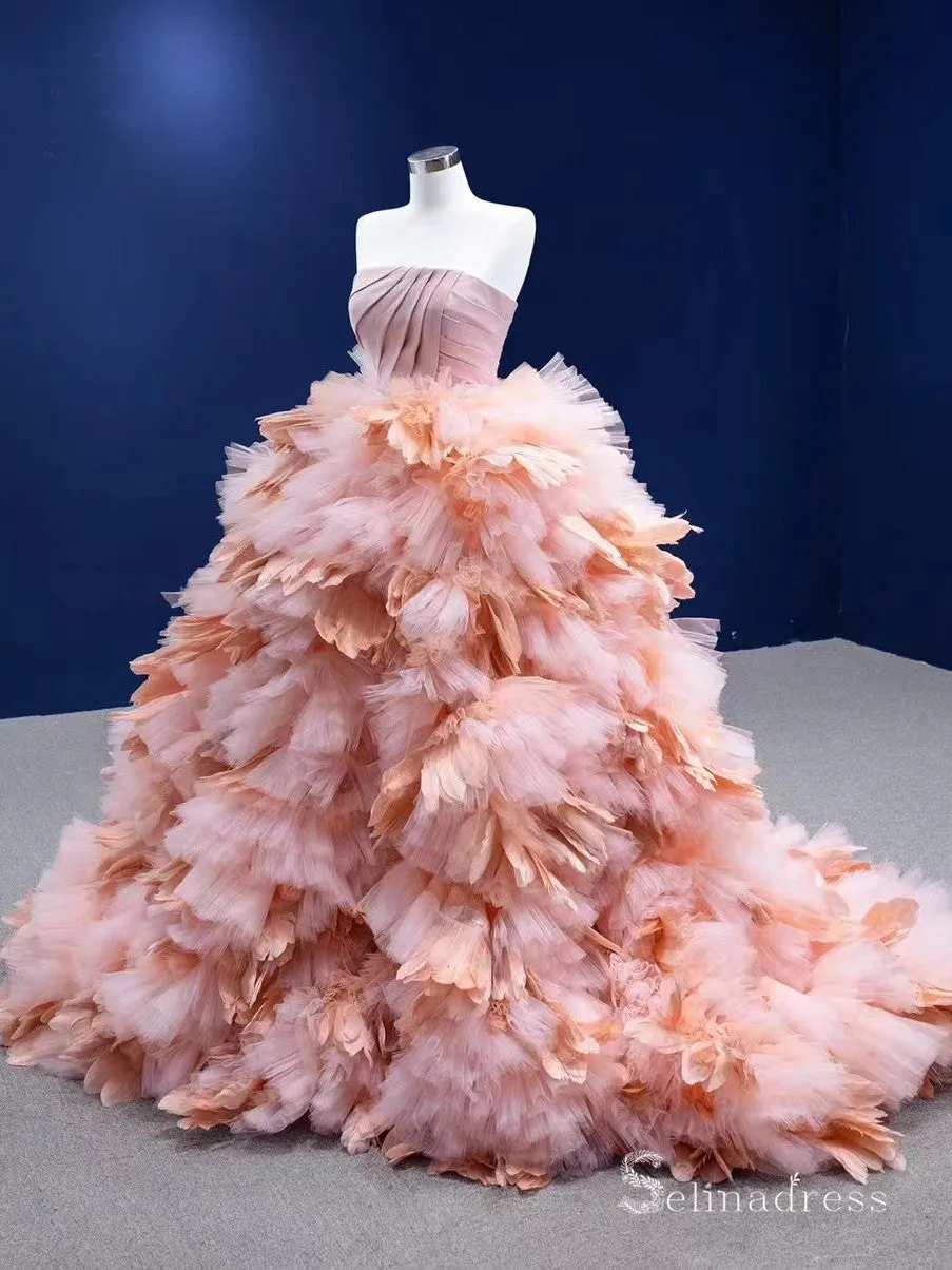Chic Ball Gown Strapless luxury Long Prom Dress Pink Princess Evening Gowns MLS001