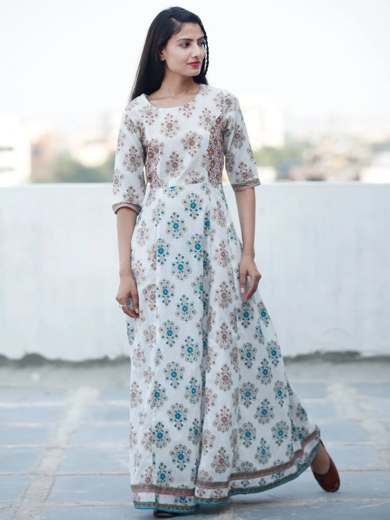 Cool Breeze - Block Printed Long Cotton Kali Dress - D352F1888