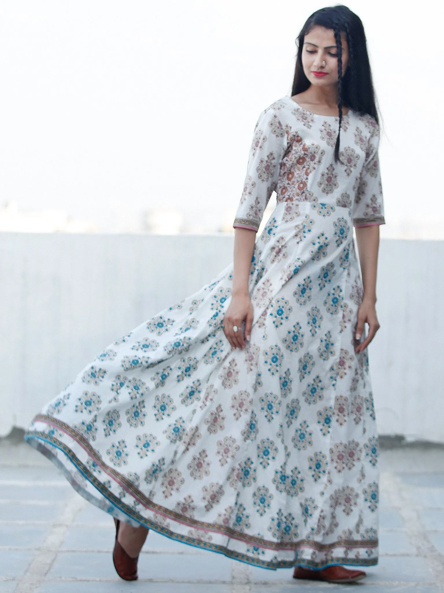 Cool Breeze - Block Printed Long Cotton Kali Dress - D352F1888