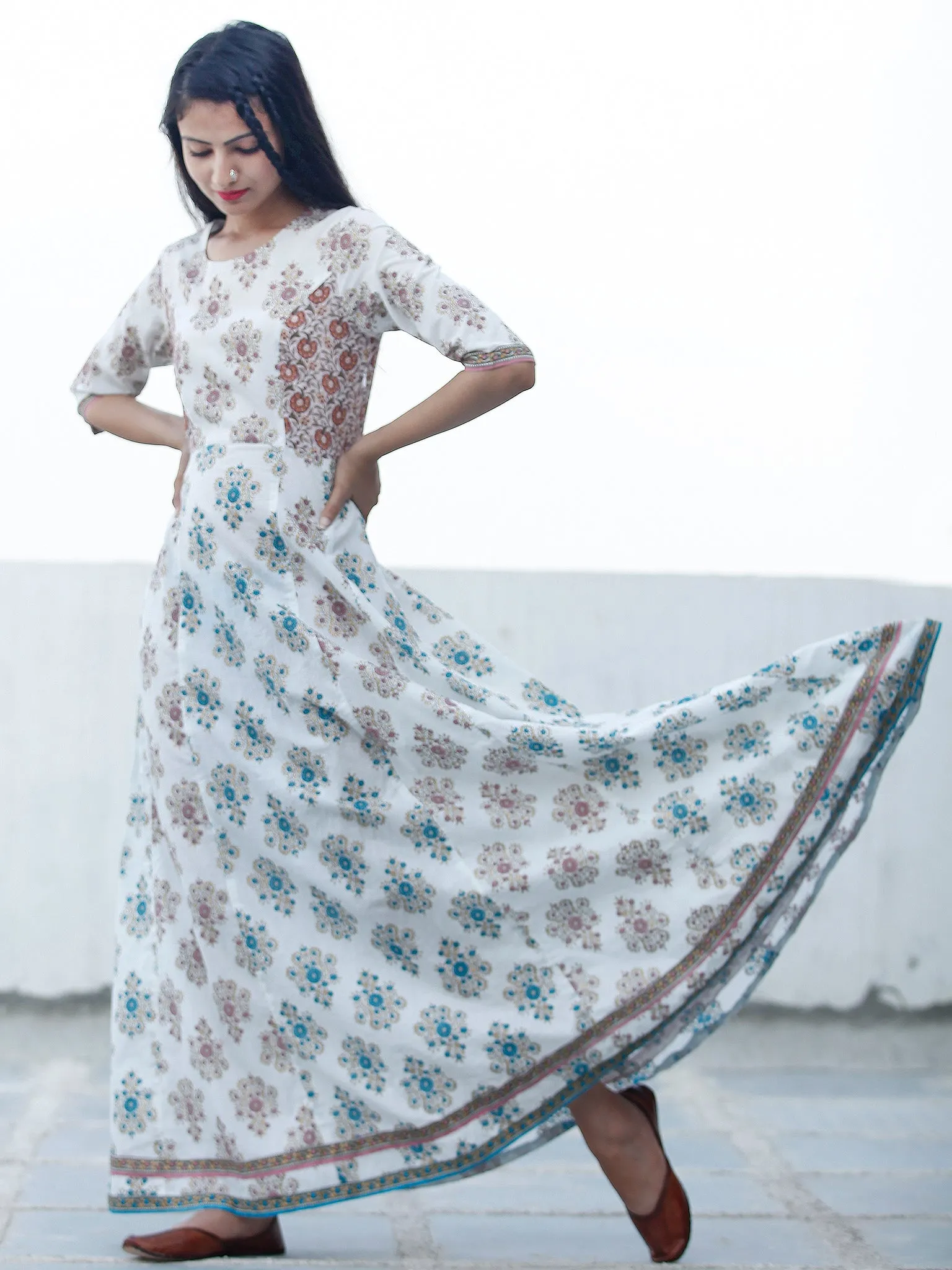 Cool Breeze - Block Printed Long Cotton Kali Dress - D352F1888