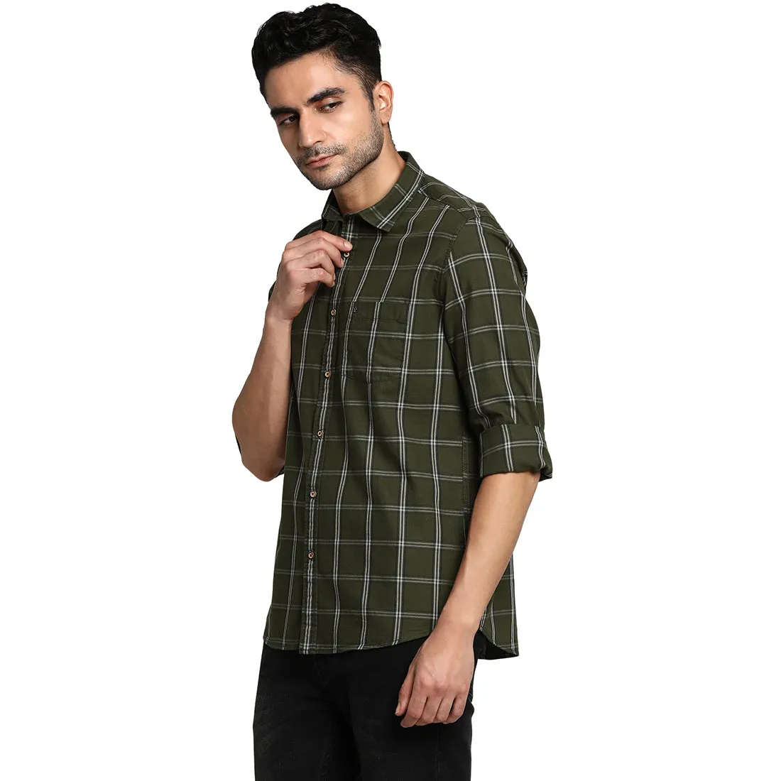 Cotton Olive Slim Fit Checked Shirt