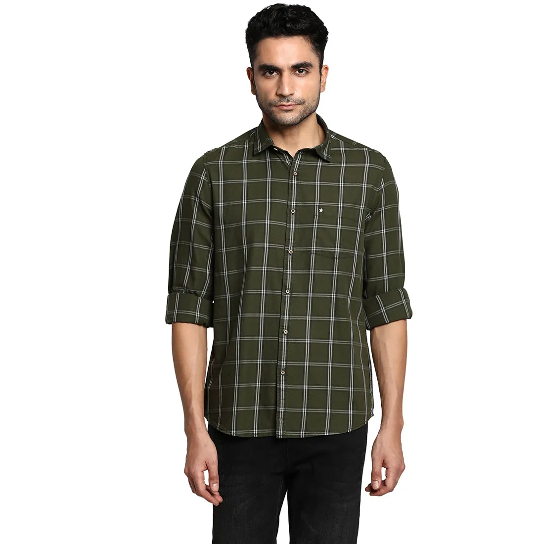 Cotton Olive Slim Fit Checked Shirt