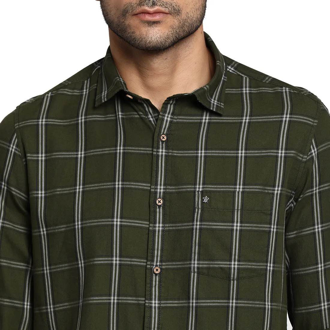 Cotton Olive Slim Fit Checked Shirt