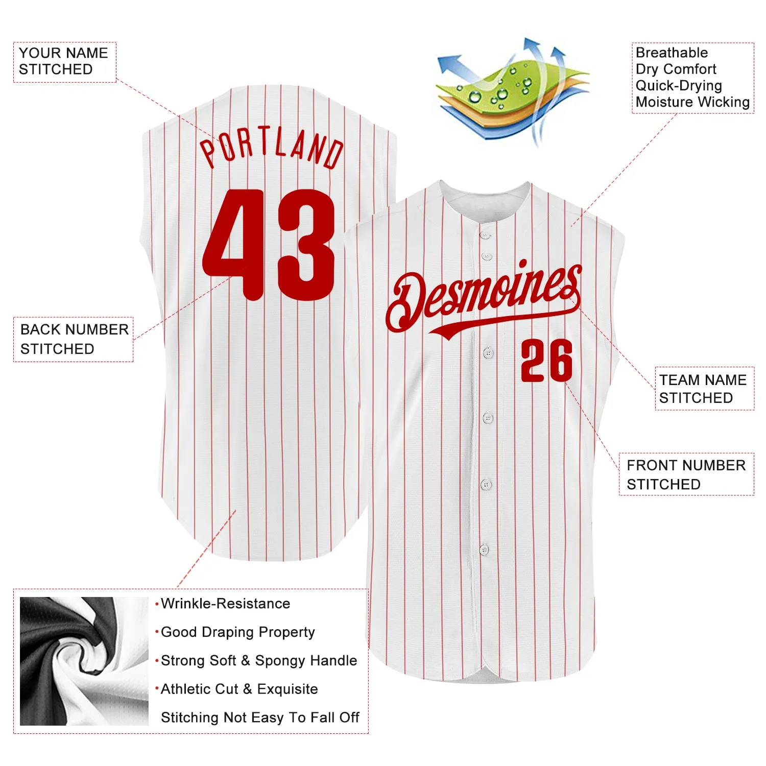 Custom White Red Pinstripe Royal Authentic Sleeveless Baseball Jersey