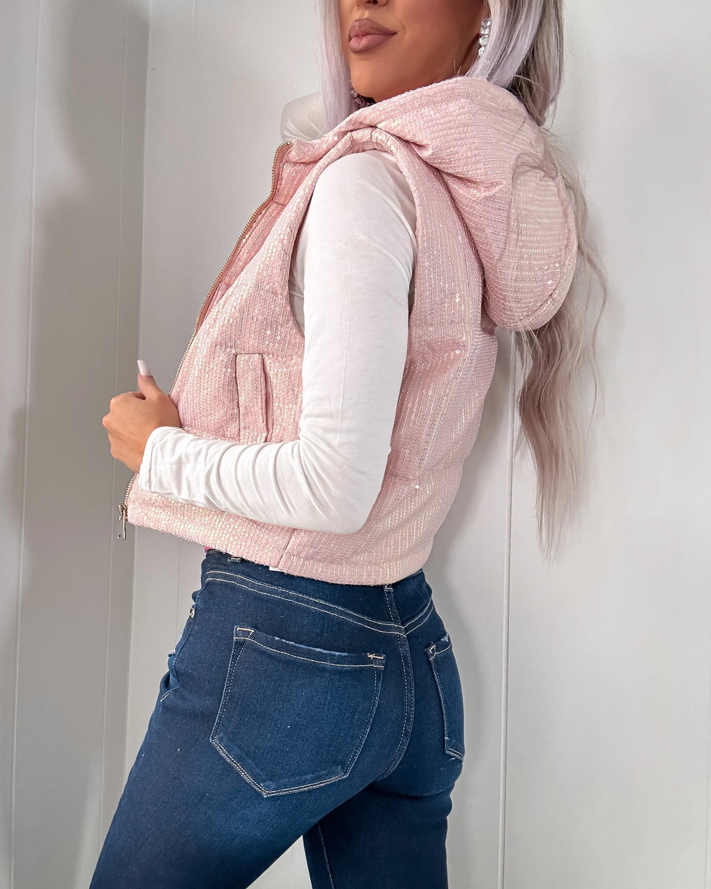 DOORBUSTER Sequin Puffer Vest - Pink
