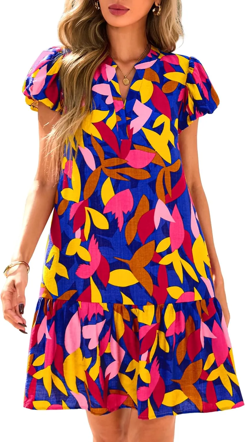 dowerme Womens Summer Dresses 2025 Puffy Sleeve V Neck Loose Floral Print A Line Boho Mini Babydoll Dress with Pockets