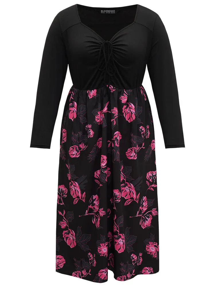 Floral Patchwork Gathered Drawstring Dress