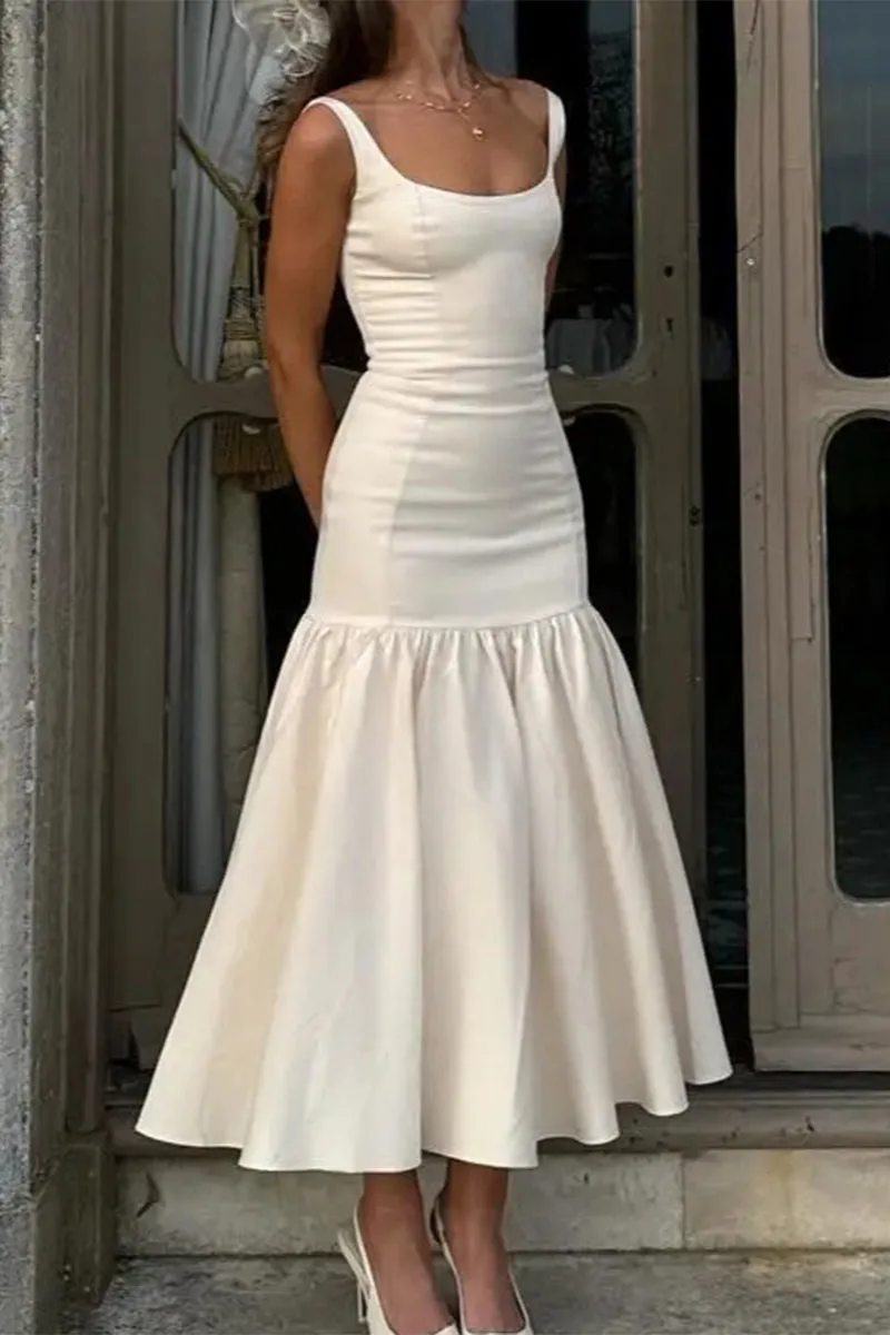 Flytonn- Sexy Solid Color Ruched U Neck Vest Dresses