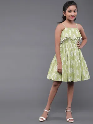Girl's Green & White Floral Printed Short Dress With Pom-Pom Details - Aks Girls