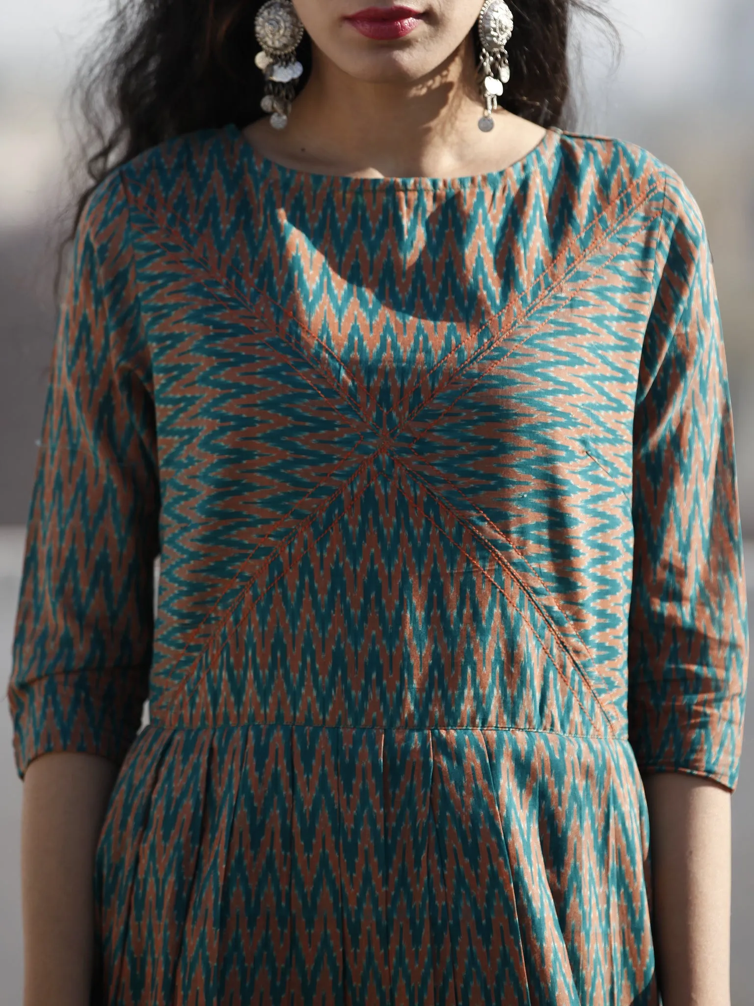 Green Rust Hand Woven Mercerized Ikat Midi Dress (Lining Attached)-  D206F1045
