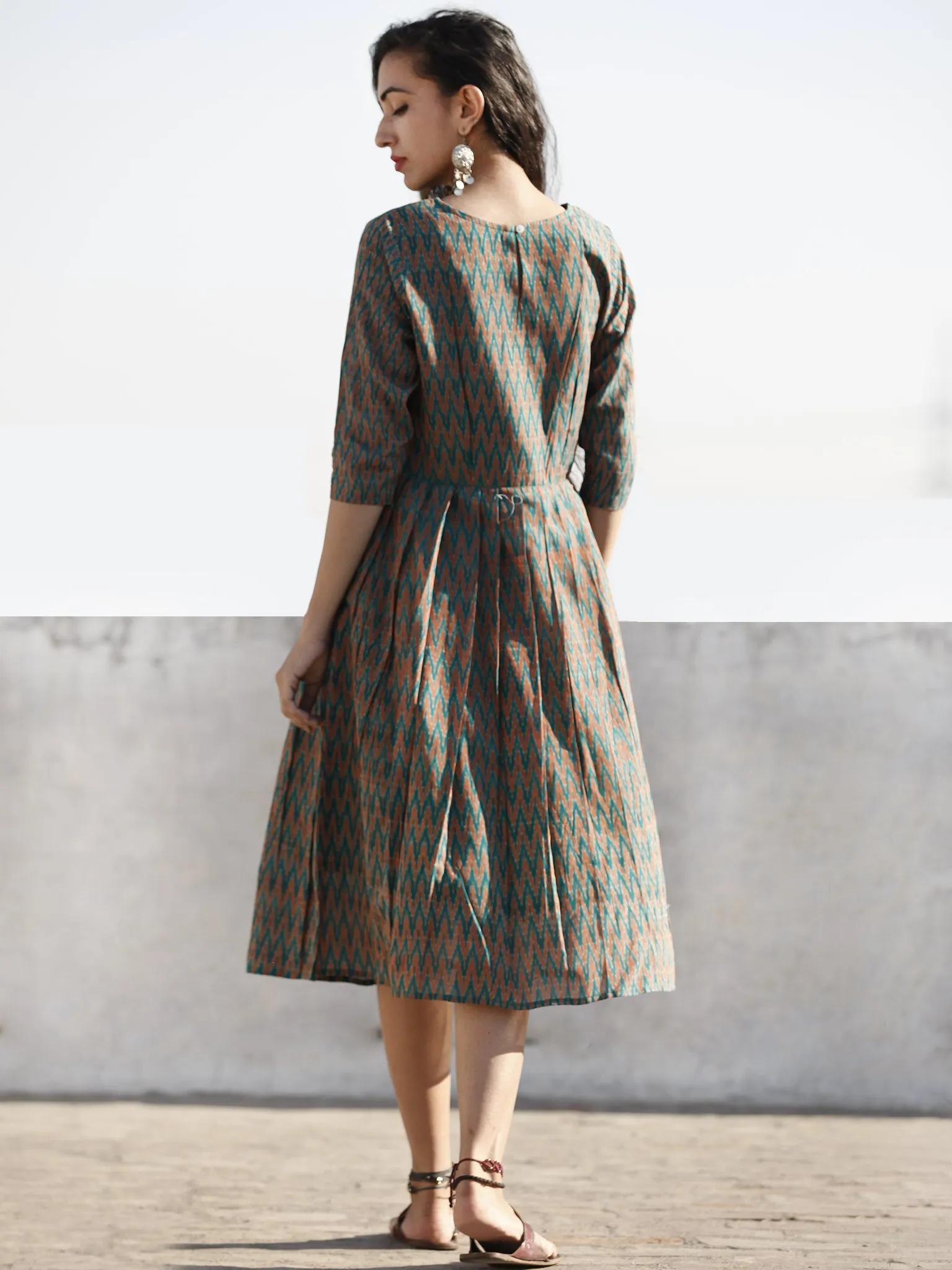 Green Rust Hand Woven Mercerized Ikat Midi Dress (Lining Attached)-  D206F1045