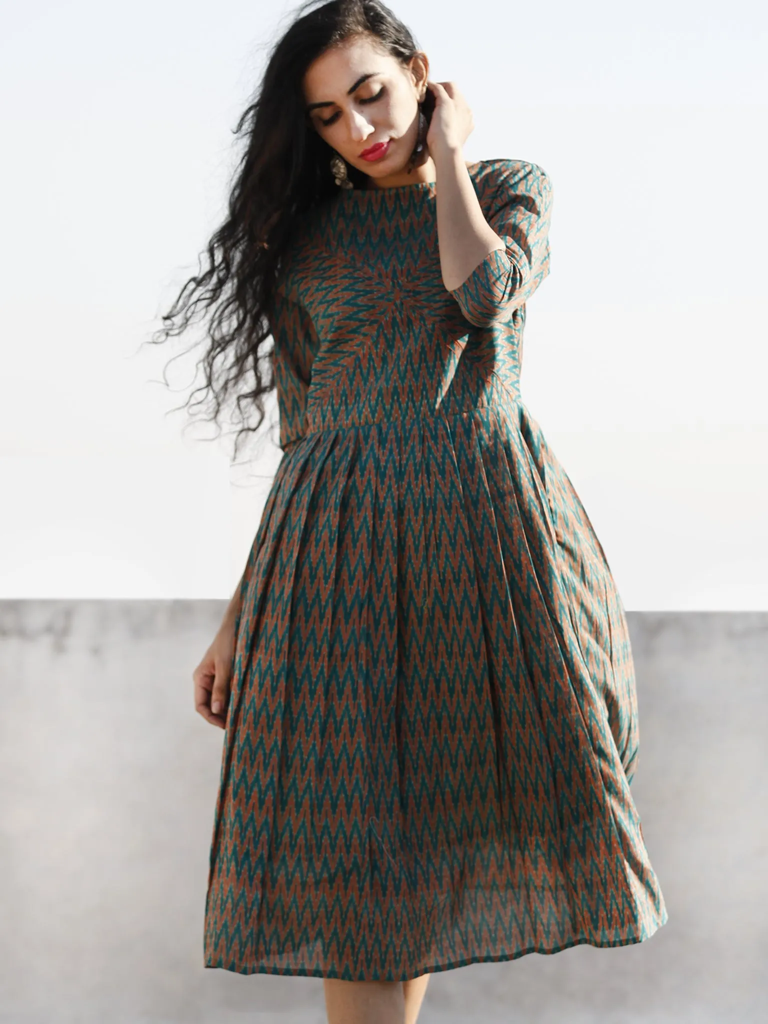 Green Rust Hand Woven Mercerized Ikat Midi Dress (Lining Attached)-  D206F1045