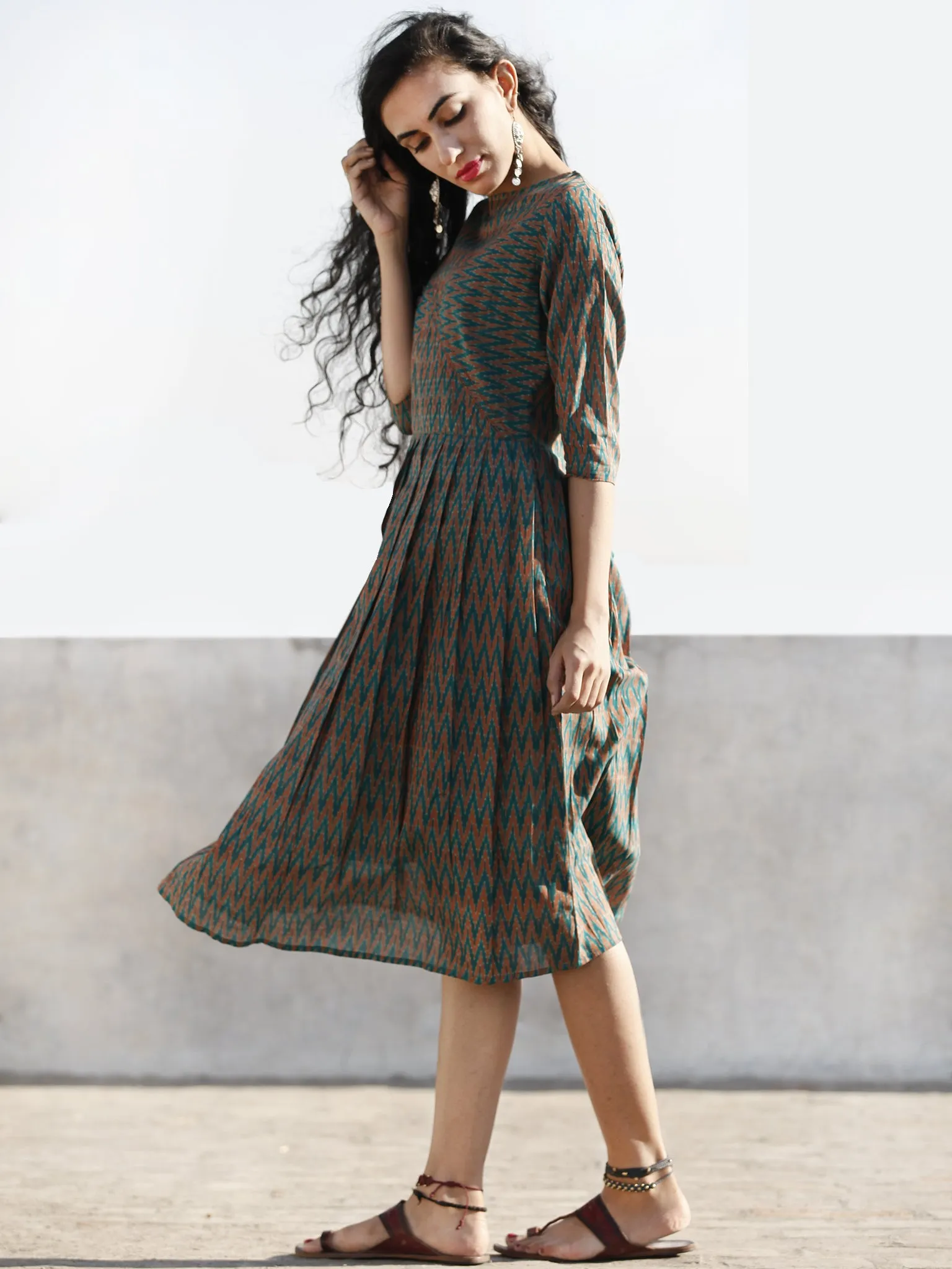 Green Rust Hand Woven Mercerized Ikat Midi Dress (Lining Attached)-  D206F1045