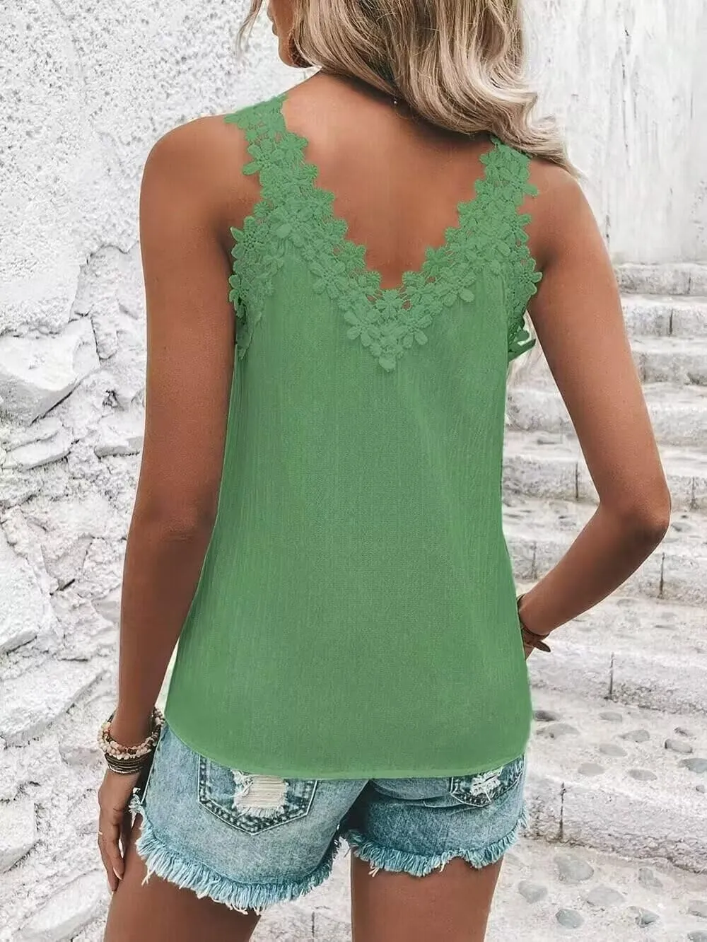 Guipure Lace Panel Tank Top Women Summer Tops Casual Country V Neck Tee Shirts Sleeveless Fashion Loose Blouse